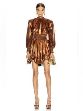 RETROFÊTE Melody Dress Rust Metallic Mock Neck Mini Dress Size XS